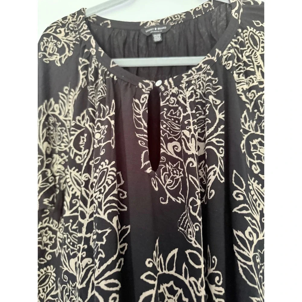 Lucky Brand 2X Black Cream Floral Boho Tunic Top 3/4 Sleeve Keyhole Plus Size